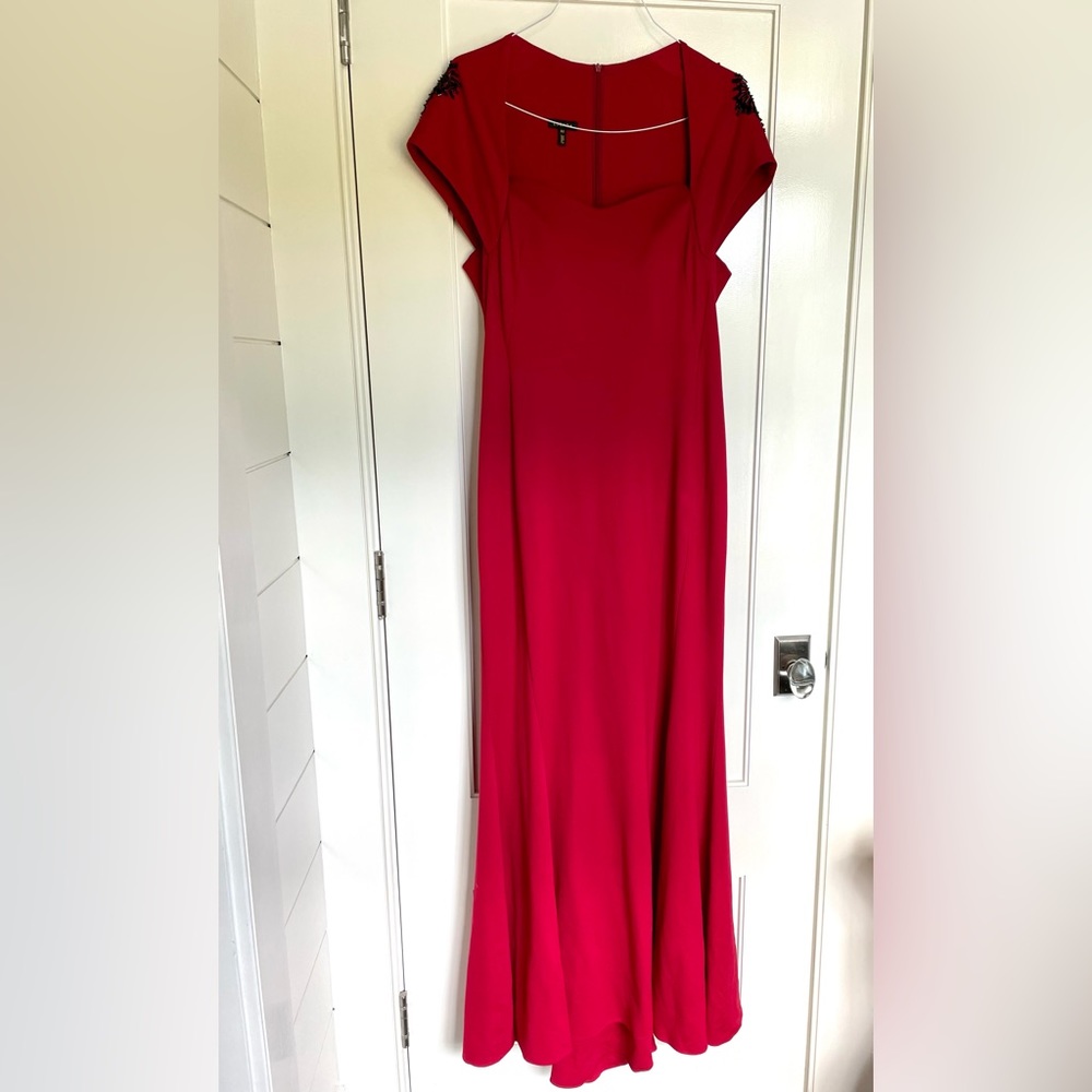 Escada Red Evening Gown, Black Beaded Shoulders